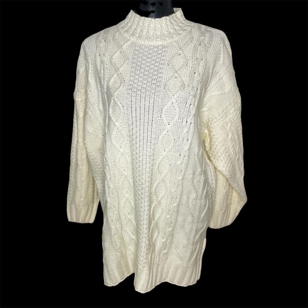 Sweater Cable Knit Vintage Fisherman Mock Neck Chunky Baggy Cream Size Large
